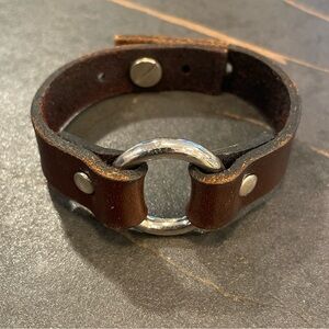 Brown Leather Bracelet with Silver Ring